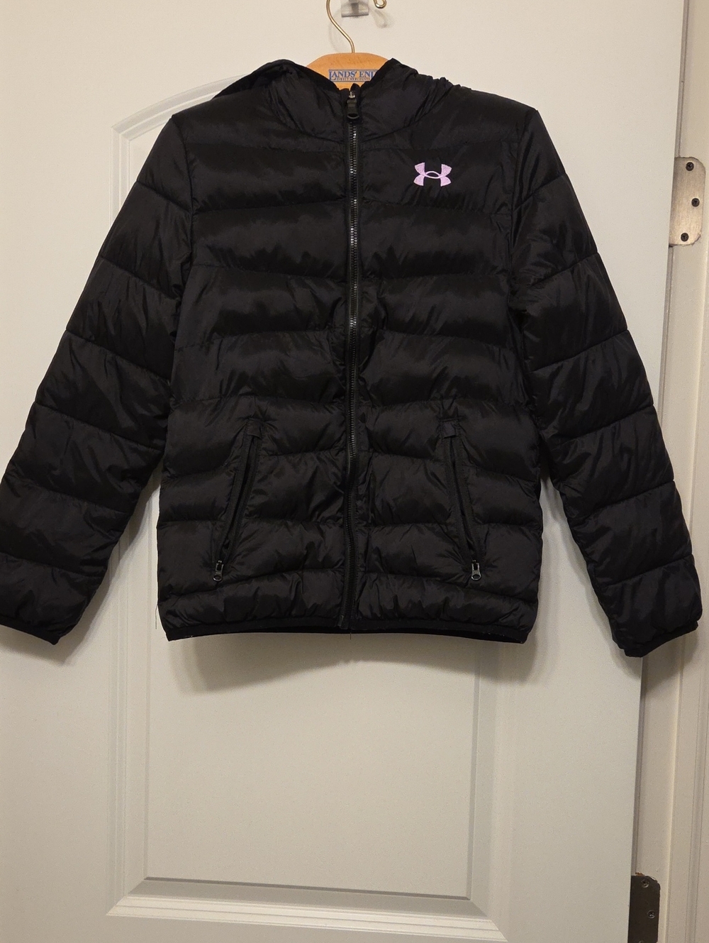 Under Armour Black Hooded Puffer Jacket with Light Purple Logo